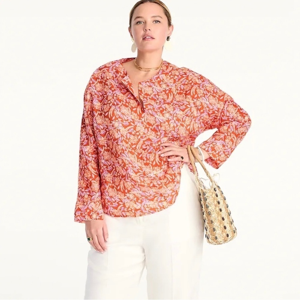 🔥 J Crew Ramie Tunic Top in Painted Block Print NWOT M